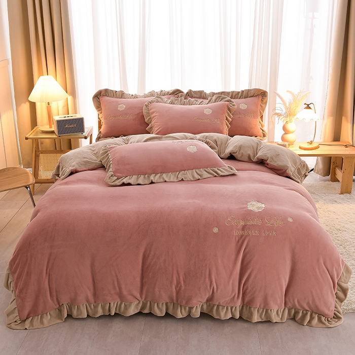 91家纺网 家纺一手货源 找家纺 氧家 2025款韩版纯色双层花边加厚牛奶绒四件套  素颜-浅豆沙