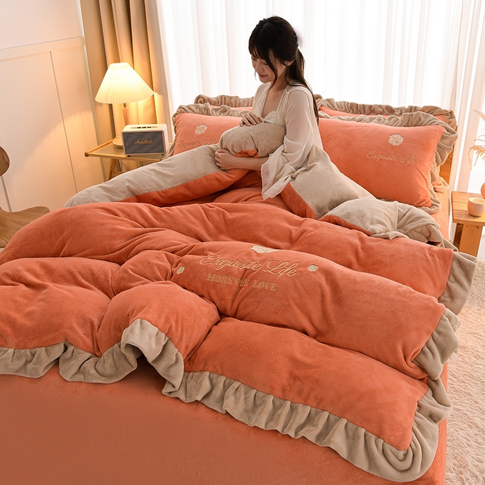 91家纺网 家纺一手货源 找家纺 氧家 2025款韩版纯色双层花边加厚牛奶绒四件套  素颜-橙橘色