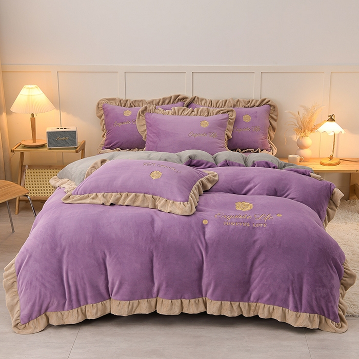 91家纺网 家纺一手货源 找家纺 氧家 2025款韩版纯色双层花边加厚牛奶绒四件套  素颜-熏韵紫