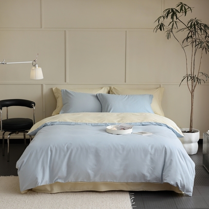 91家纺网 家纺一手货源 找家纺 2023新款A类加厚50s超柔全棉长绒棉磨毛四件套 天空蓝+米黄