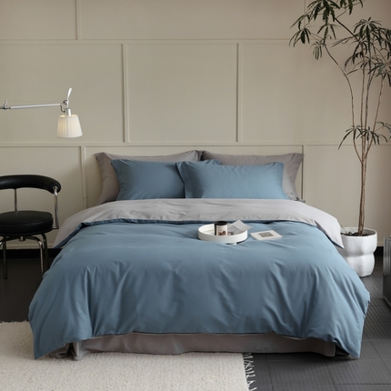 2023新款A类加厚50s超柔全棉长绒棉磨毛四件套 夜色蓝+银灰