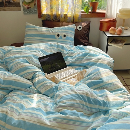 91家纺网 家纺一手货源 找家纺 （总）蜜宿 2025新款大眼睛条纹全棉色织水洗棉四件套纯棉