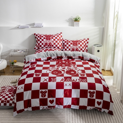 91家纺网 家纺一手货源 找家纺 色鬼布艺 2023新款水洗天丝四件套 小熊格子 红