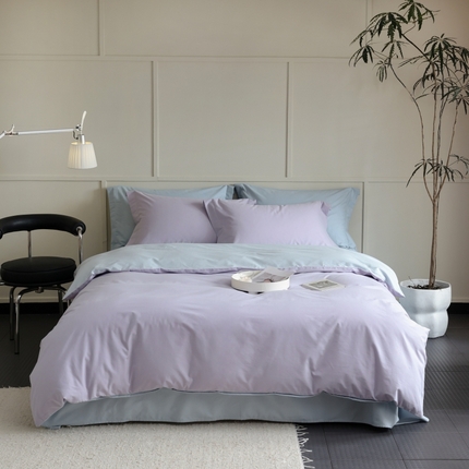 2023新款A类加厚50s超柔全棉长绒棉磨毛四件套 丁香紫+天空蓝