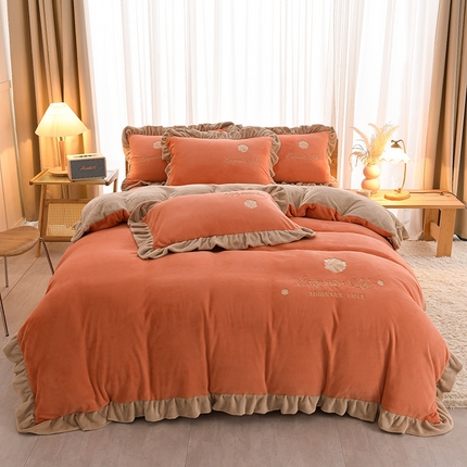 91家纺网 家纺一手货源 找家纺 氧家 2025款韩版纯色双层花边加厚牛奶绒四件套  素颜-橙橘色