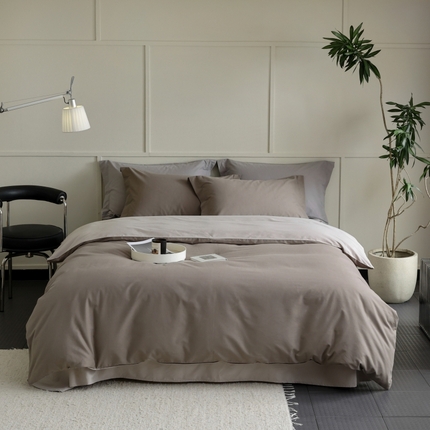 2023新款A类加厚50s超柔全棉长绒棉磨毛四件套 棕灰+米灰