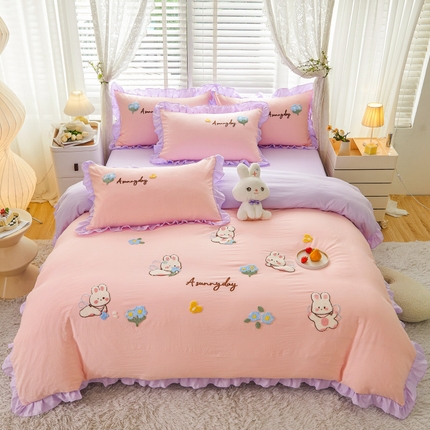 91家纺网 家纺一手货源 找家纺 （总）易禾家纺 2024新款水洗亲肤棉毛巾绣四件套专版花型-幸福兔