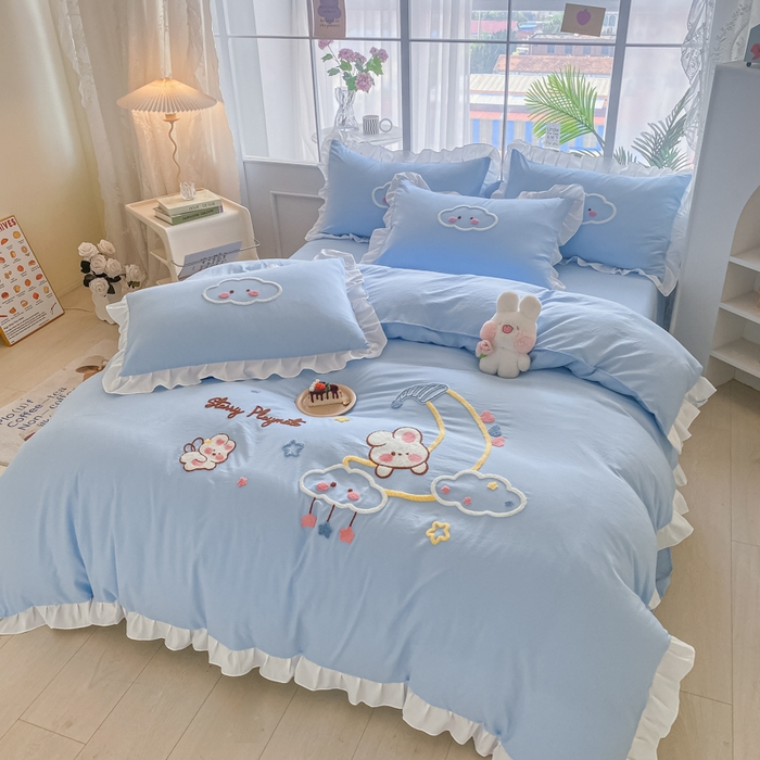 91家纺网 家纺一手货源 找家纺 易禾家纺 2024新款水洗棉毛巾绣晚安梦四件套专版花型 晚安梦-蓝