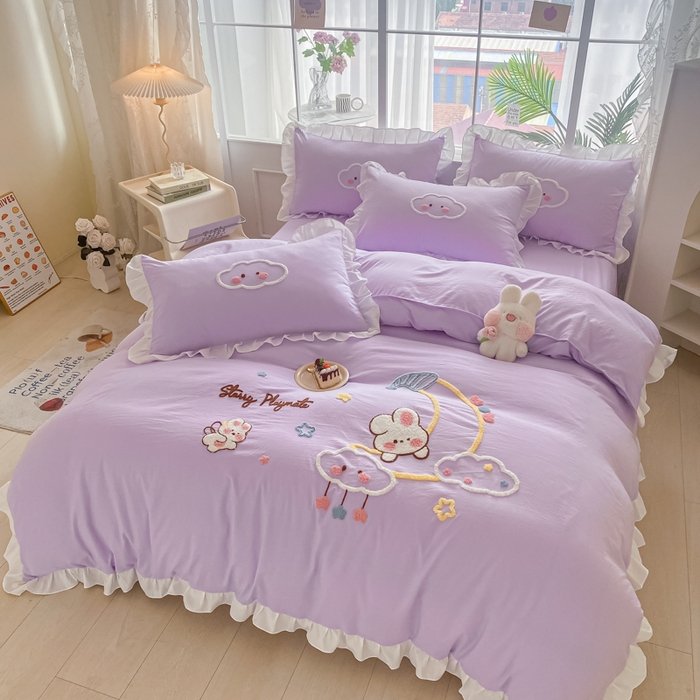 91家纺网 家纺一手货源 找家纺 易禾家纺 2024新款水洗棉毛巾绣晚安梦四件套专版花型 晚安梦-紫