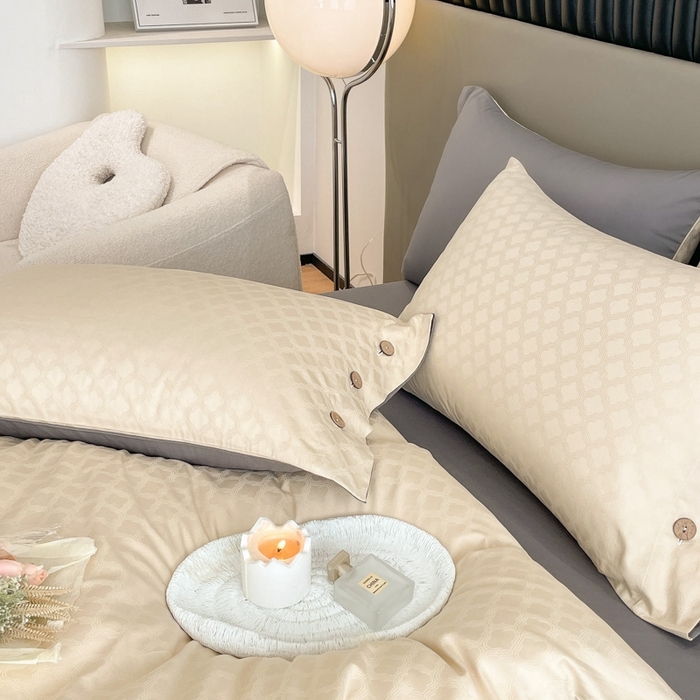 91家纺网 家纺一手货源 找家纺 慕色家纺 2023新款40全棉提花四叶草系列四件套 四叶草-米驼+中灰