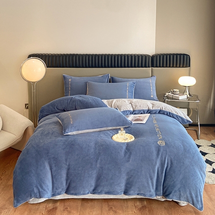 澳梵 2023新款轻奢风牛奶绒刺绣四件套 宾利蓝