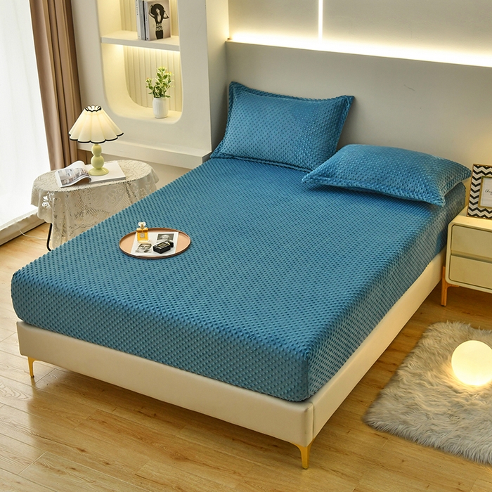 91家纺网 家纺一手货源 找家纺 家贝爱2023新款加厚宝宝绒暖豆豆床笠床罩 豆豆绒－宝石蓝