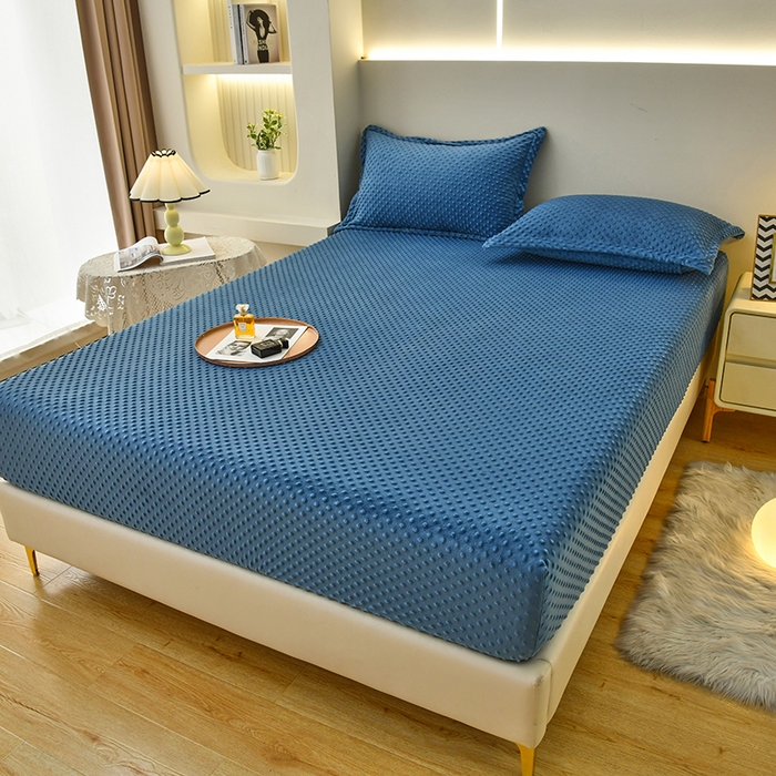 91家纺网 家纺一手货源 找家纺 家贝爱2023新款加厚宝宝绒暖豆豆床笠床罩 豆豆绒－宾利蓝