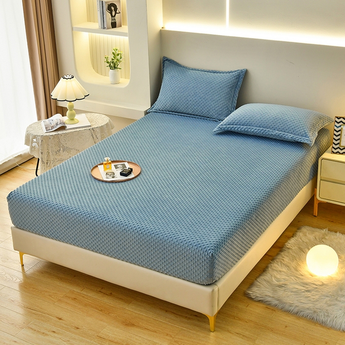 91家纺网 家纺一手货源 找家纺 家贝爱2023新款加厚宝宝绒暖豆豆床笠床罩 豆豆绒－雾霾蓝