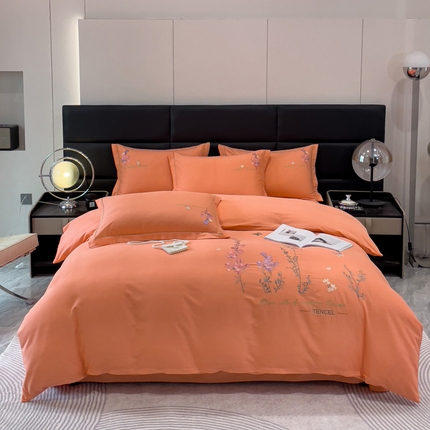 云锦2023新款全棉磨毛绣花四件套系列 漫野花香橘色