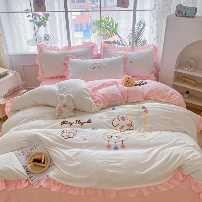 91家纺网 家纺一手货源 找家纺 （总）易禾家纺 2024新款水洗棉毛巾绣晚安梦四件套专版花型