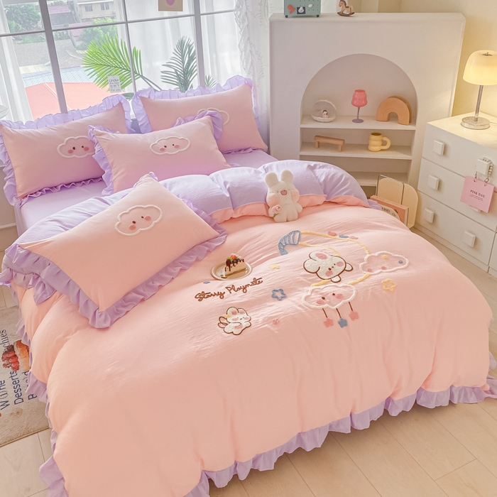 91家纺网 家纺一手货源 找家纺 易禾家纺 2024新款水洗棉毛巾绣晚安梦四件套专版花型 晚安梦-粉紫