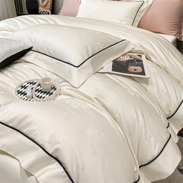 91家纺网 家纺一手货源 找家纺 慕色 2023新款A类100s长绒棉提花卡尔系列四件套 卡尔-奶昔白