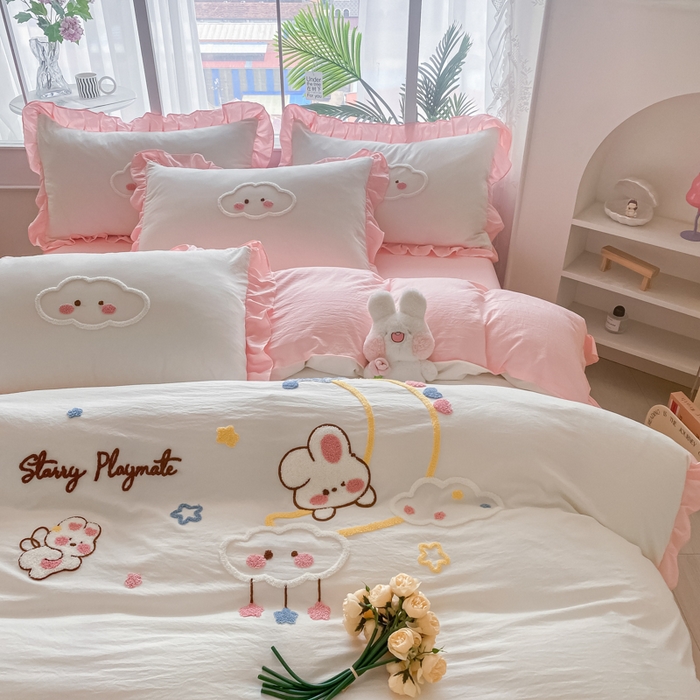 91家纺网 家纺一手货源 找家纺 （总）易禾家纺 2024新款水洗棉毛巾绣晚安梦四件套专版花型