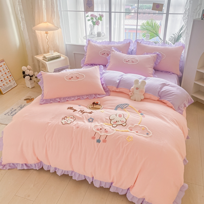 91家纺网 家纺一手货源 找家纺 易禾家纺 2024新款水洗棉毛巾绣晚安梦四件套专版花型 晚安梦-粉紫