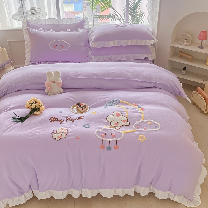 91家纺网 家纺一手货源 找家纺 易禾家纺 2024新款水洗棉毛巾绣晚安梦四件套专版花型 晚安梦-紫