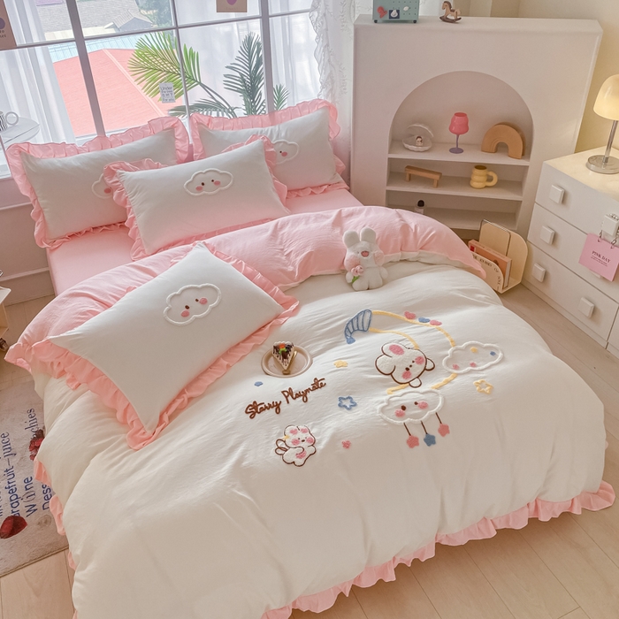 91家纺网 家纺一手货源 找家纺 （总）易禾家纺 2024新款水洗棉毛巾绣晚安梦四件套专版花型