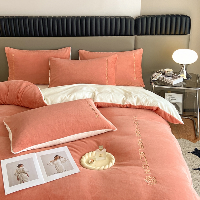 91家纺网 家纺一手货源 找家纺 澳梵 2023新款轻奢风牛奶绒刺绣四件套 爱玛橙