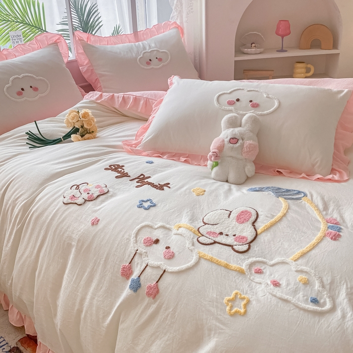 91家纺网 家纺一手货源 找家纺 （总）易禾家纺 2024新款水洗棉毛巾绣晚安梦四件套专版花型