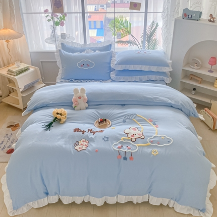 易禾家纺 2024新款水洗棉毛巾绣晚安梦四件套专版花型 晚安梦-蓝