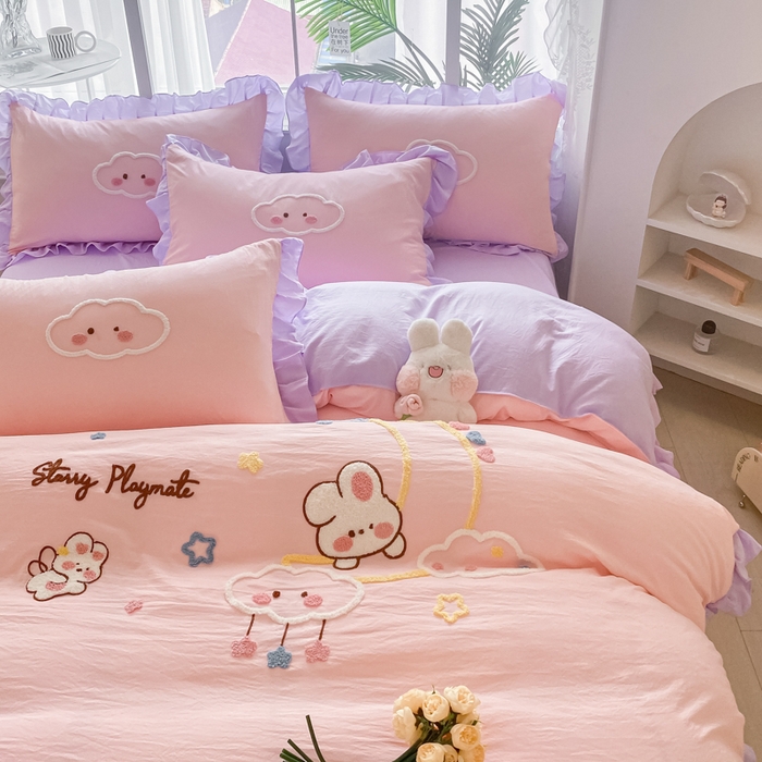 91家纺网 家纺一手货源 找家纺 易禾家纺 2024新款水洗棉毛巾绣晚安梦四件套专版花型 晚安梦-粉紫