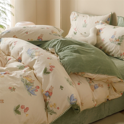 91家纺网 家纺一手货源 找家纺 总红粉佳人新款小清新卡通贝壳边三角针棉加绒单被套