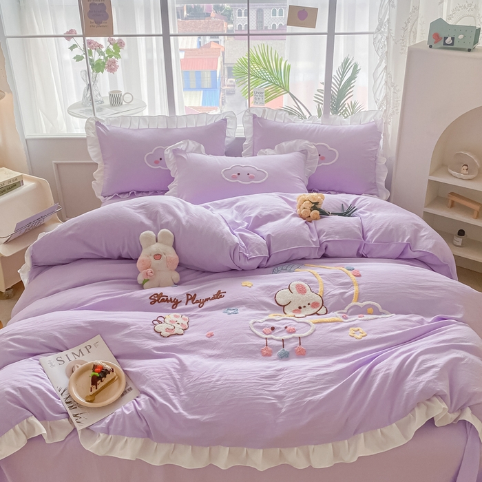 91家纺网 家纺一手货源 找家纺 易禾家纺 2024新款水洗棉毛巾绣晚安梦四件套专版花型 晚安梦-紫