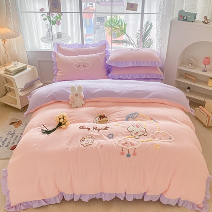 易禾家纺 2024新款水洗棉毛巾绣晚安梦四件套专版花型 晚安梦-粉紫
