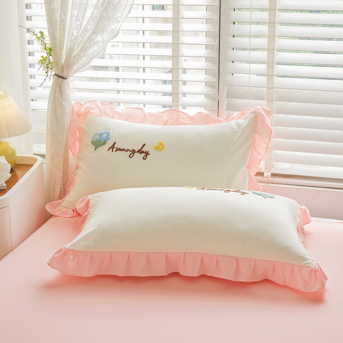 91家纺网 家纺一手货源 找家纺 易禾家纺 2024新款水洗亲肤棉毛巾绣四件套专版花型-幸福兔 幸福兔-奶黄粉