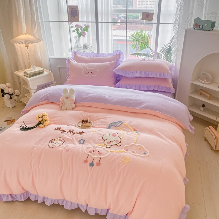 91家纺网 家纺一手货源 找家纺 易禾家纺 2024新款水洗棉毛巾绣晚安梦四件套专版花型 晚安梦-粉紫