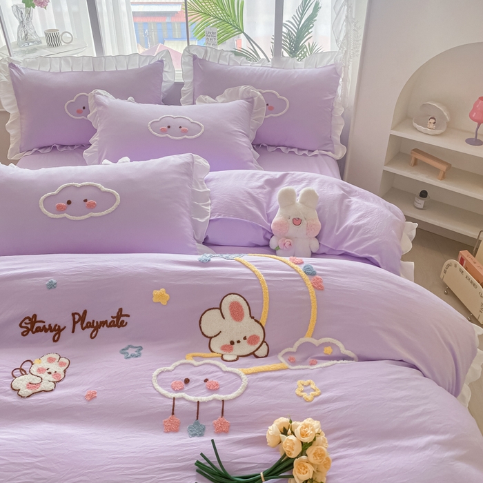 91家纺网 家纺一手货源 找家纺 易禾家纺 2024新款水洗棉毛巾绣晚安梦四件套专版花型 晚安梦-紫