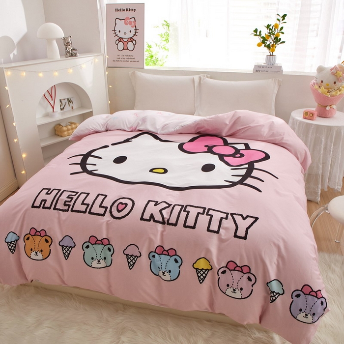 91家纺网 家纺一手货源 找家纺 蘭菲2023新款全棉印染三丽鸥全棉大版卡通四件套-被套 粉系