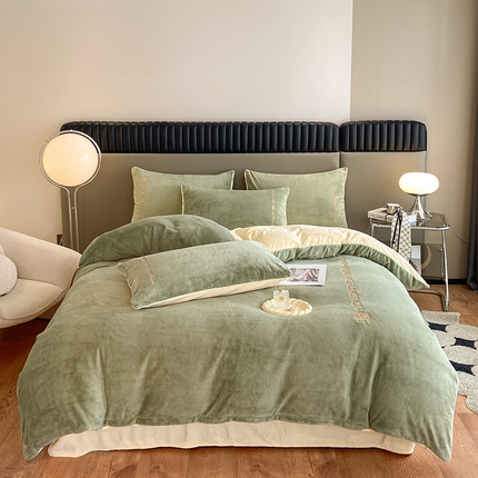 澳梵 2023新款轻奢风牛奶绒刺绣四件套 浅豆绿