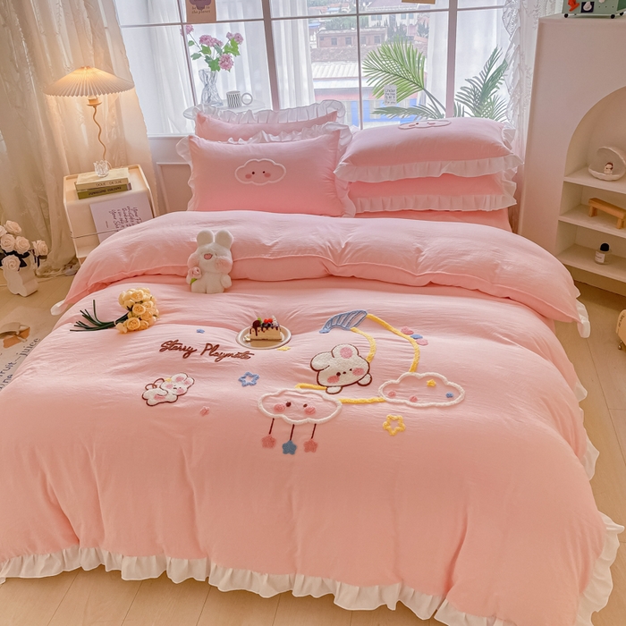 91家纺网 家纺一手货源 找家纺 易禾家纺 2024新款水洗棉毛巾绣晚安梦四件套专版花型 晚安梦-粉