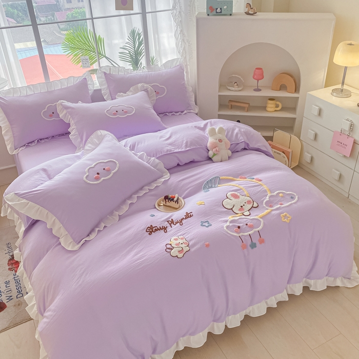 91家纺网 家纺一手货源 找家纺 易禾家纺 2024新款水洗棉毛巾绣晚安梦四件套专版花型 晚安梦-紫