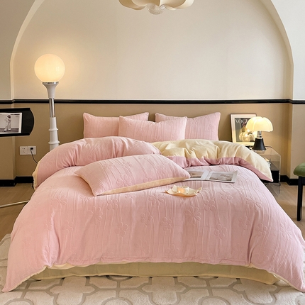 澳梵 2023新款雕花牛奶绒四件套 冬日花信-粉