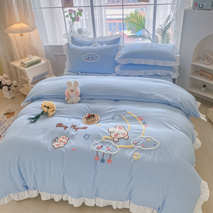 91家纺网 家纺一手货源 找家纺 易禾家纺 2024新款水洗棉毛巾绣晚安梦四件套专版花型 晚安梦-蓝