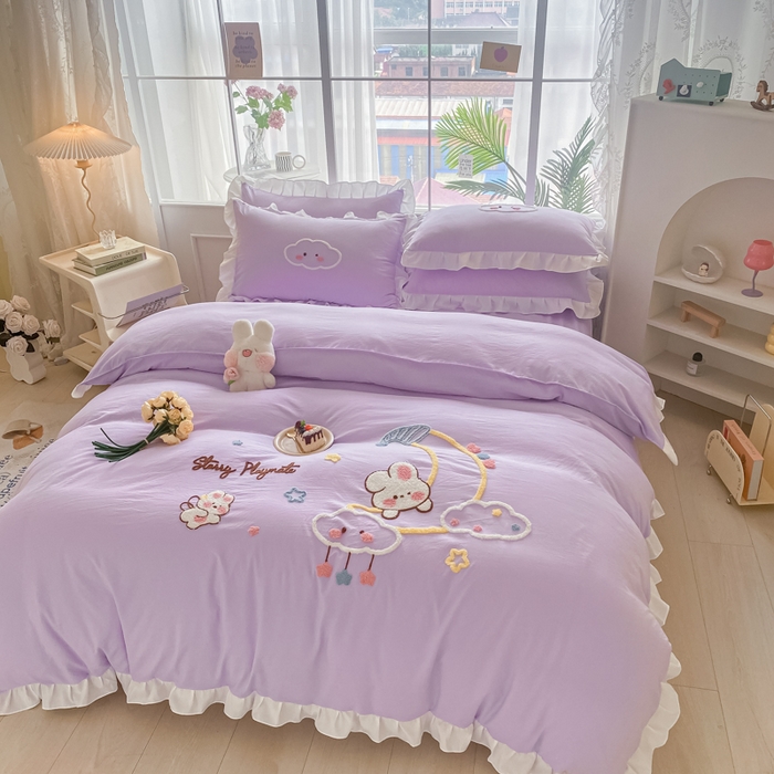 91家纺网 家纺一手货源 找家纺 易禾家纺 2024新款水洗棉毛巾绣晚安梦四件套专版花型 晚安梦-紫