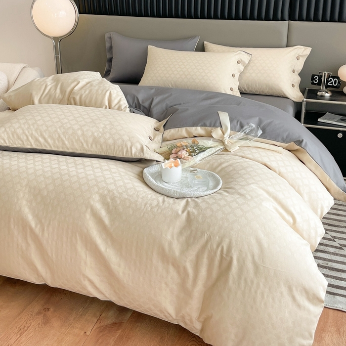 91家纺网 家纺一手货源 找家纺 慕色家纺 2023新款40全棉提花四叶草系列四件套 四叶草-米驼+中灰