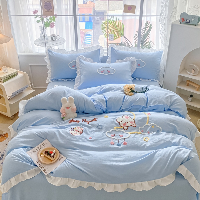 91家纺网 家纺一手货源 找家纺 易禾家纺 2024新款水洗棉毛巾绣晚安梦四件套专版花型 晚安梦-蓝