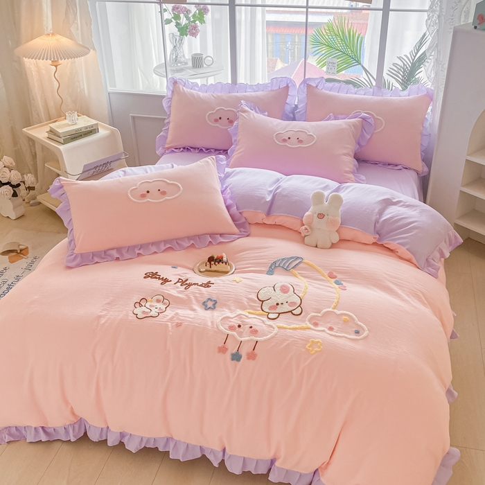 91家纺网 家纺一手货源 找家纺 易禾家纺 2024新款水洗棉毛巾绣晚安梦四件套专版花型 晚安梦-粉紫