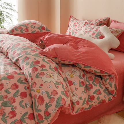 91家纺网 家纺一手货源 找家纺 总红粉佳人新款小清新卡通贝壳边三角针棉加绒单被套