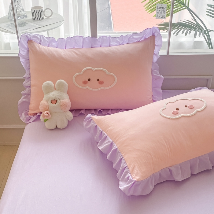 91家纺网 家纺一手货源 找家纺 易禾家纺 2024新款水洗棉毛巾绣晚安梦四件套专版花型 晚安梦-粉紫