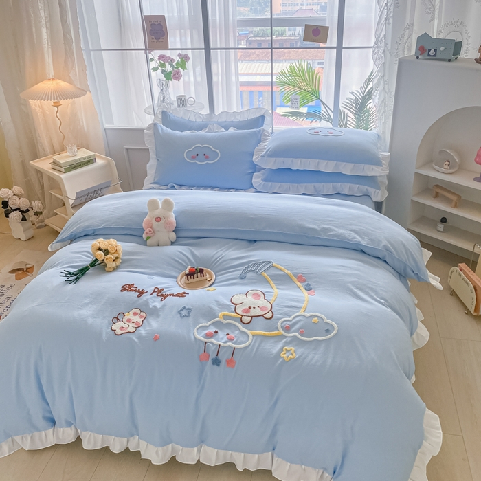 91家纺网 家纺一手货源 找家纺 易禾家纺 2024新款水洗棉毛巾绣晚安梦四件套专版花型 晚安梦-蓝