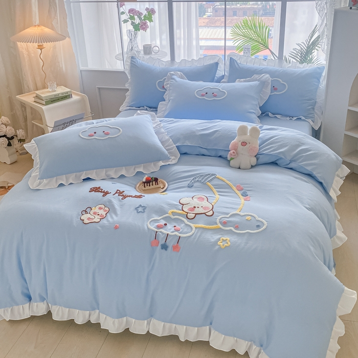 91家纺网 家纺一手货源 找家纺 易禾家纺 2024新款水洗棉毛巾绣晚安梦四件套专版花型 晚安梦-蓝